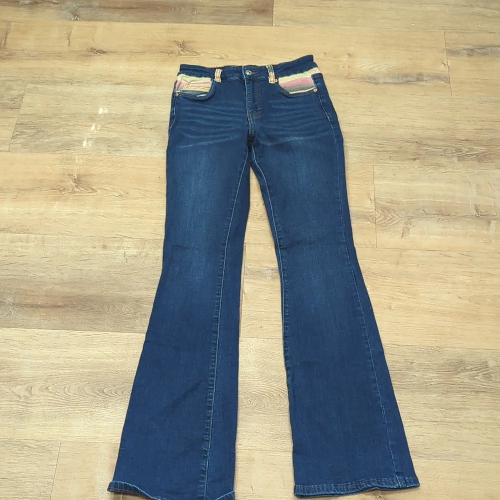 Women’s Dark Blue Boot Cut Jeans with Multicolor Pocket Detail - Picture 4 of 8